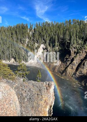 Eine vertikale Aufnahme eines Regenbogens über einem Fluss im Grand Canyon von Yellowstone Stockfoto