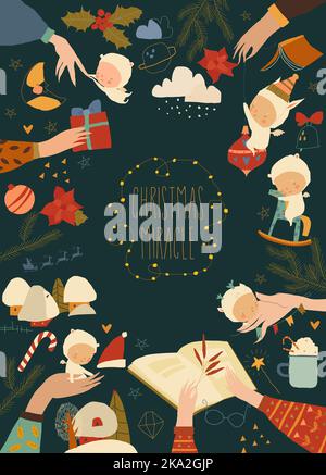 Fröhliche Weihnachtsfeier Poster mit Händen halten kleine Engel Stock Vektor