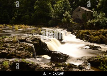 Eine Langzeitaufnahme eines Baches, der in einem Wald fließt, mit einem Haus und grünen Bäumen im Hintergrund Stockfoto