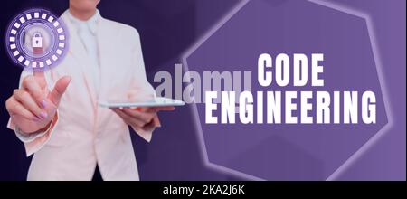 Inspiration mit Zeichen Code Engineering. Geschäftskonzept signifikante Ideen, die vollständig oder teilweise unterdrückt werden Lady in Suit hält Stift Stockfoto
