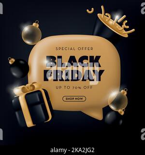 Black Friday Sale Poster mit Geschenkbox und Sprechblase. Vektorgrafik im 3D realistischen Stil Stock Vektor