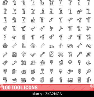 100 Werkzeugsymbole eingestellt. Skizzieren Sie die Darstellung von 100 Werkzeugsymbolen, die auf weißem Hintergrund isoliert sind Stock Vektor