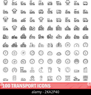 100 Transportsymbole eingestellt. Skizzieren Sie die Darstellung von 100 Transportsymbolen, die auf weißem Hintergrund isoliert sind Stock Vektor