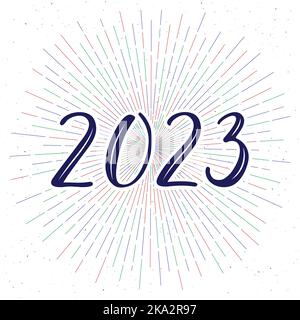 2023 handschriftliche kalligrafische Vektornummern. Buntes Feuerwerk im Hintergrund. Frohes neues Jahr. Für Grußkarte, Postkarte. Stock Vektor