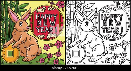 Happy New Year Rabbit Coloring Page Illustration Stock Vektor