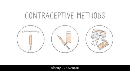 Kontrazeptionsmethoden-Symbolsatz. Schwangerschaftsverhütung Linear einfache Illustration. Kontrazeptionszeichen. Vektor Stock Vektor