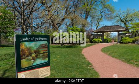 Ein Schild des Garden of Phoenix im Jackson Park Stockfoto