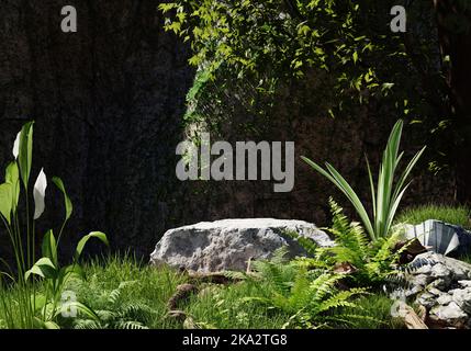 Stein Produkt Display Podium im Wald unter Felsen Hügel Klippe und Sonnenschein Schatten Hintergrund. Thema der Produktpräsentation. Natur und Bio-Kosmetik A Stockfoto
