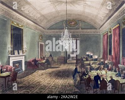 Großer Abonnementraum bei Brooks's, St. James's Street. Ca. 1808. Nach einem Werk von August Pugin und Thomas Rowlandson im Londoner Mikrokosmos, erschienen in drei Bänden zwischen 1808 und 1810 bei Rudolph Ackermann. Pugin war der Künstler, der für die architektonischen Elemente in den Mikrokosmos-Bildern verantwortlich war; Thomas Rowlandson wurde beauftragt, die lebendigen menschlichen Figuren hinzuzufügen. Stockfoto