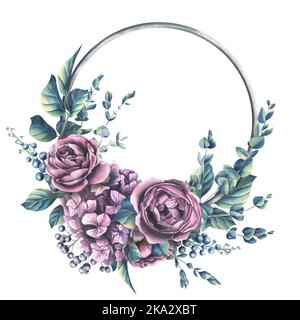 Dekorative Dekoration auf einem silbernen Ring aus Rosen- und Hortensienblumen mit Eukalyptuszweigen. Aquarelldarstellung. Ein Kranz aus der Sammlung Stockfoto