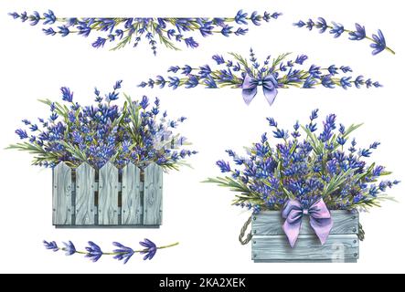 Set mit Lavendelblüten, Kompositionen, Bouquet. Aquarell-Illustration aus der LAVENDEL SPA Kollektion. Für Dekoration und Design im Stil von Stockfoto