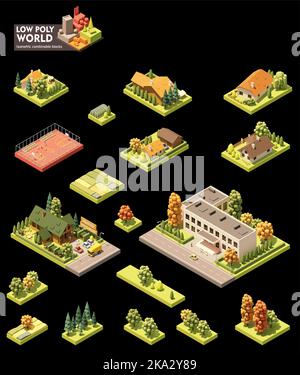 Erstellung der isometrischen Weltkarte für Vektorgrafiken eingestellt. Kombinierbare Kartenelemente. Kleinstadt- oder Dorfgebäude, Schule, Basketballplatz, Bäume, Restaurant Stock Vektor