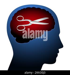 Die Schere im Kopf, Symbol für Selbstzensur. Metapher, die im deutschsprachigen Raum für den Akt der Zensur oder Klassifizierung des eigenen Diskurses verwendet wird. Stockfoto