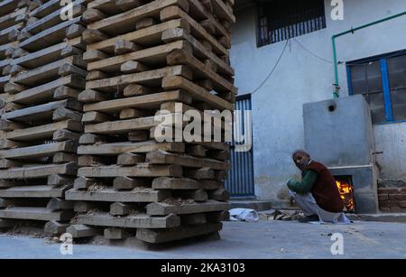 31. Oktober 2022, Bijhbehara, Jammu und Kaschmir, Indien: Ein Arbeiter arbeitet in einer Fledermausfabrik in Sangam. Kashmiri Weide hat einen bedeutenden Ausflug in die internationale Cricket gemacht, vor kurzem wurde von einigen Spielern bei der Weltmeisterschaft T20 und der Legends Cricket League verwendet. (Bild: © Adil Abbas/ZUMA Press Wire) Stockfoto