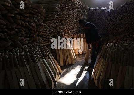 31. Oktober 2022, Bijhbehara, Jammu und Kaschmir, Indien: Ein Arbeiter überprüft eine fertige Fledermaus in einem Lagerraum in einer Fabrik in Sangam. Kashmiri Weide hat einen bedeutenden Ausflug in die internationale Cricket gemacht, vor kurzem wurde von einigen Spielern bei der Weltmeisterschaft T20 und der Legends Cricket League verwendet. (Bild: © Adil Abbas/ZUMA Press Wire) Stockfoto