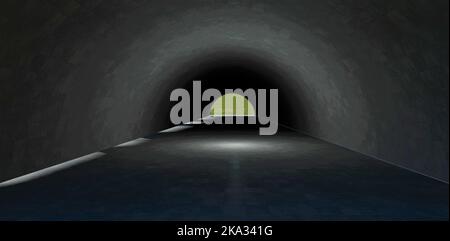 Gras am Ende eines Betontunnels. Optische Täuschung - Dunkelheit nähert sich dem Betrachter. Unverständliche Lichtquelle in der Mitte. 3D Rendern. Stockfoto