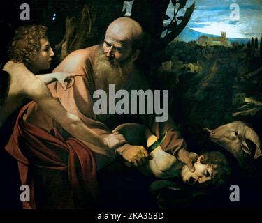 Opfer Isaaks, von, Michelangelo Merisi da Caravaggio, um 1601, Uffizien, Florenz, Toskana, Italien, Florenz, Italien. Gott bittet Abraham, seinen Sohn Isaak zu opfern, den Berg Moriah, Abraham beginnt, sich zu halten, als ein Bote Gottes ihn unterbricht, sieht Abraham dann einen Widder und opfert ihn stattdessen, Stockfoto