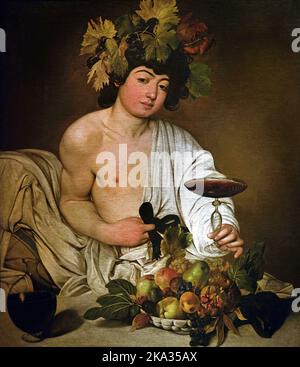 Bacchus, von Michelangelo Merisi, bekannt als Caravaggio (Milano 1571 - Porto Ercole 1610), Florenz, Italien. (Seine Darstellung des Obstkorbes und des vom gott angebotenen Weinbechers ist überraschend, mit solchen Elementen, die von einigen Kritikern als eine horatianische Einladung zur Sparsamkeit, Geselligkeit und Freundschaft interpretiert werden.) Stockfoto