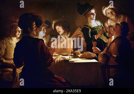 Abendmahl mit Lautenspieler 1619, Gherardo Delle Notti - Gerrit Honthorst 1592-1656, Niederländisch, den Niederlanden. Stockfoto