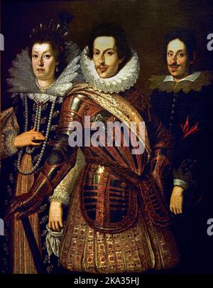 Cosimo II. De’ Medici mit seiner Frau Maria Maddalena von Österreich und ihrem Sohn Ferdinando II., Florenz, Italien, Justus Suttermans, (Antwerpen 1597 - Florenz 1681) , Belgier, Belgien, Flämisch, ( Maria Maddalena von Österreich (Maria Magdalena; 7. Oktober 1589 – 1. November 1631) - Cosimo II. De' Medici (12. Mai 1590 – 28. Februar 1621) war Großherzog der Toskana) Stockfoto