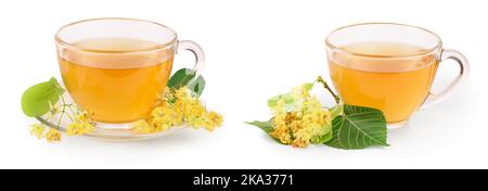 Tee aus Linden Blumen im Glas Schale mit blütentrauben von Kalk auf weißem Hintergrund Stockfoto