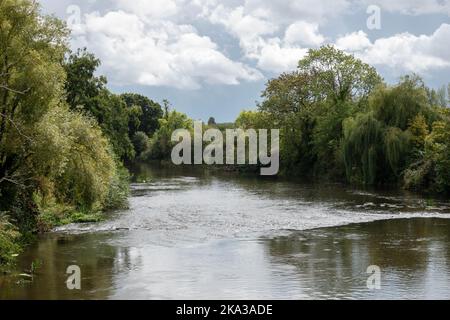 Blick auf den Fluss exe von der Trews Weir Suspension Bridge an einem stürmischen Herbsttag Stockfoto