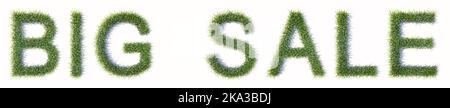Konzept oder konzeptionelle grüne Rasen Gras bilden die GROSSEN VERKAUF Text isoliert auf weißem Hintergrund. 3D Illustration Metapher für Werbung, Stockfoto