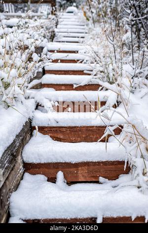 Aspen, Colorado Treppen Landschaftsbau im Winterwetter Schnee terrassenförmig entlang Holztreppen Architektur Garten Hinterhof des Hauses oder zu Hause bedeckt Stockfoto