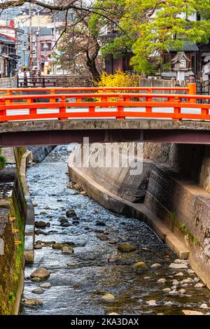 Vertikale Ansicht auf einer kleinen leuchtend roten Brücke über den Enako-Fluss in Takayama, Präfektur Gifu, Japan, mit Wasser im frühen Frühjahr und gelben Kiefern Stockfoto