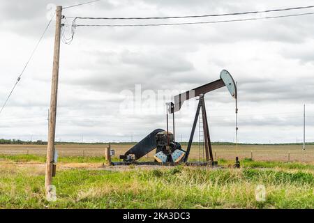 Industrielle Kürbissäger auf dem Ölfeld in Prärien von Amarillo in der Nähe von Clarendon, Texas, Maschinenausrüstung zur Gewinnung von Erdölrohöl in der Landwirtschaft Stockfoto