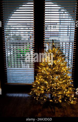 Weihnachten Xmas Neujahrsbaum beleuchtet von Balkon Fensteransicht in der Abendnacht mit Ornamenten festliche Dekorationen Urlaub Muster glänzende Beleuchtung Stockfoto