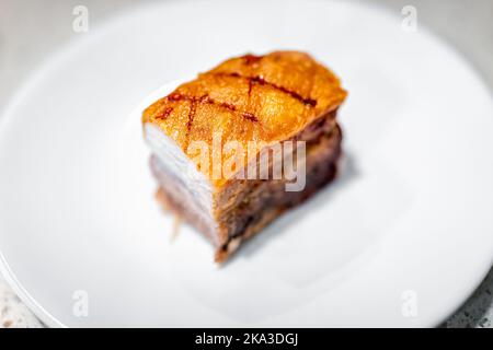 Macro closeup flat top flay Lay Ansicht von geschnitten frisch Grill gekocht gebackenen gebratenen Schweinefleisch Bauchfett Speck Fleisch mit knuspriger Haut, nahrhafte Lebensmittel-Isol Stockfoto