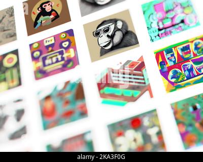 Eine Galerie mit nicht-fungiblen NFT-Kunst-Token Stockfoto