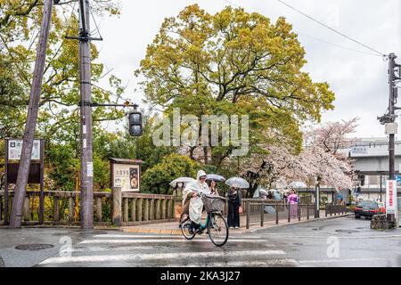 Kyoto, Japan - 9. April 2019: Yugyomaecho-Distrikt von Higashiyama im Bezirk der Stadt Kyoto mit Menschen, die auf dem Straßensteig im Regen mit Sonnenschirmen spazieren Stockfoto