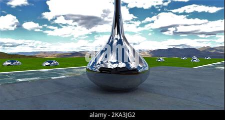 Geheimnis des Heiligen Grals. Ein Haus in einem transparenten Gefäß oder einfach nur seine Spiegelung auf einer verchromten Shisha. 3D Rendern. Stockfoto