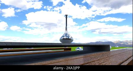 Ein Glas mit glänzendem Inhalt auf einem Betontisch spiegelt ein Landhaus und einen blau bewölkten Himmel wider. 3D Rendern. Stockfoto