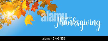 Happy Thanksgiving Header, Herbst Panorama Hintergrund, Sonne, gelbe Ahornblätter und blauer Himmel Stockfoto