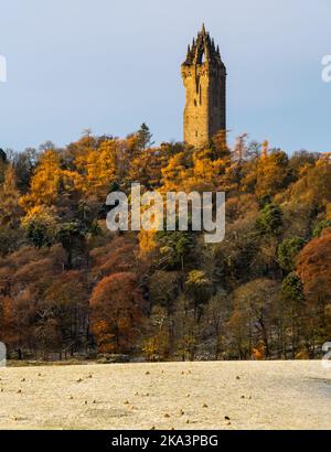 Kaltes, frostiges Wetter im Herbst im Abbey Craig and Wallace Monument, Stirling, Schottland, Großbritannien Stockfoto