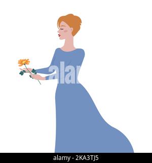 Frau in einem langen Kleid mit einer Blume in den Händen.Vektor-Illustration Stock Vektor