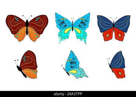 Set von farbigen Schmetterlingen, Sommerinsekten. Vektorgrafik. Flacher Style Stock Vektor