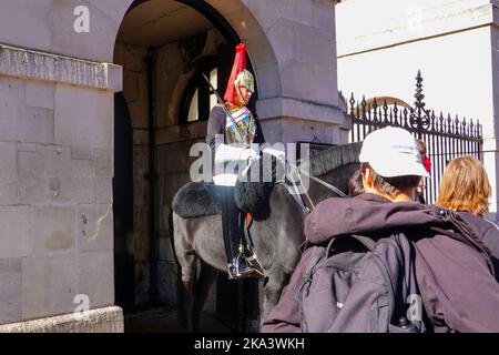 Eine berittene Blues- und Royals-Truppe im Dienst, während Besucher mit ihrem Pferd, London, interagieren. Stockfoto