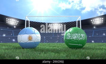 Zwei Fußballbälle in Flaggen-Farben auf Stadion hell verschwommener Hintergrund. Argentinien und Saudi-Arabien. 3D Bild Stockfoto