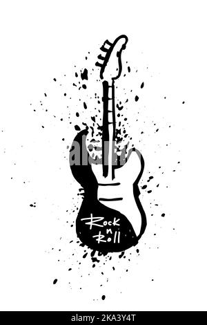 Isolierte Inschrift Rock and Roll auf der Gitarre auf Spritzern schwarzer Farbe. Vektorgrafik. Stock Vektor