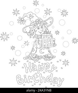 Happy Birthday Karte mit einer lustigen kleinen Hexe, die einen süßen Kuchen hält, der mit brennenden Kerzen verziert ist Stock Vektor