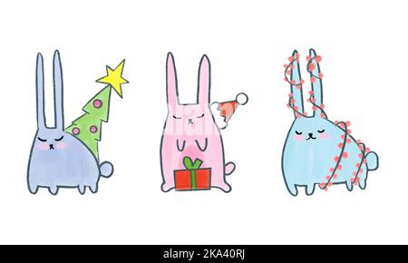 Zeichnen Vektor Illustration Sammlung niedlichen Hase für Weihnachten und Winter Doodle Cartoon-Stil Stock Vektor