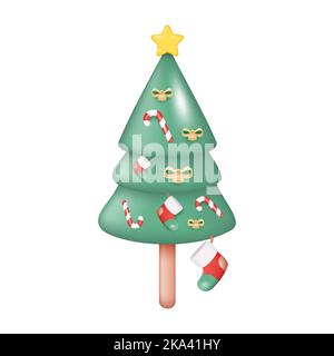3D geschmückter Weihnachtsbaum mit Weihnachtsstrümpfen. Vektorgrafik isoliert auf weißem Hintergrund Stock Vektor