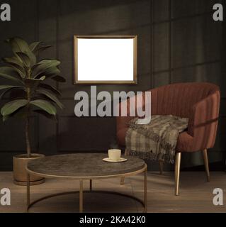 Poster, Mock-up-Rahmen in dunkelgrüner Wand Wohneinrichtung mit beigefarbenem Sofa, Fell, Tisch und Blumentopf ficus, 3D Render, Wohnzimmer Pflanzensessel, Kissen Stockfoto