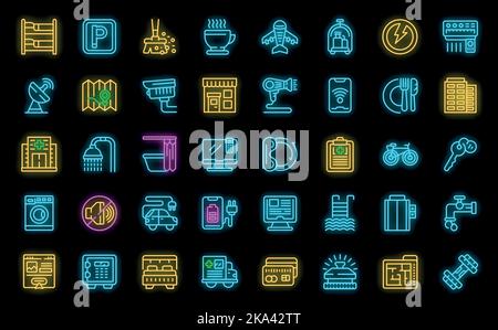 Symbole für Einrichtungen legen den Umrissvektor fest. Hotelservice. Transfer Concierge Neonfarbe auf Schwarz Stock Vektor