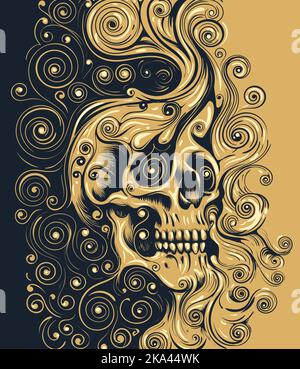 Totenkopf-Emblem Swirls Ornament-Design im Gravurstil. Vektorgrafik. Stock Vektor