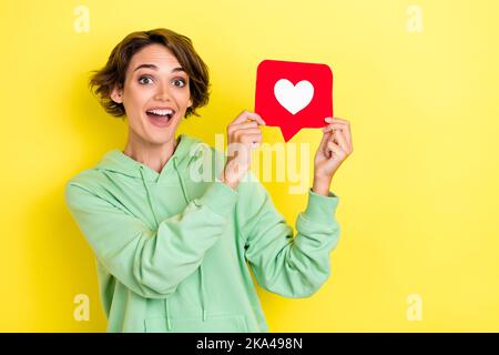 Foto-Porträt von wunderschönen jungen Mädchen aufgeregt halten Herz Symbol smm Manager tragen trendige grüne Kleidungsstück auf gelbem Hintergrund isoliert Stockfoto